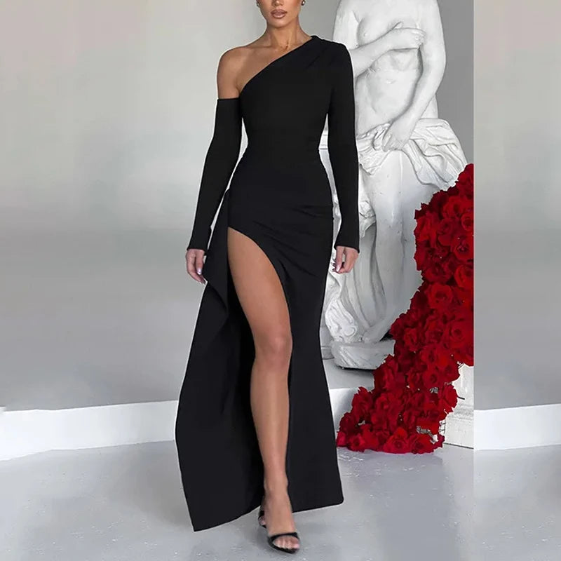 Italian Style Sexy Diagonal Shoulder Black Dress Elegant Long Sleeve Split Women Dress Spring Evening Party Night Clubwear Business Dinner Outfits Long Dress Girls Ladies Luxury Fashion Clothing Supplies