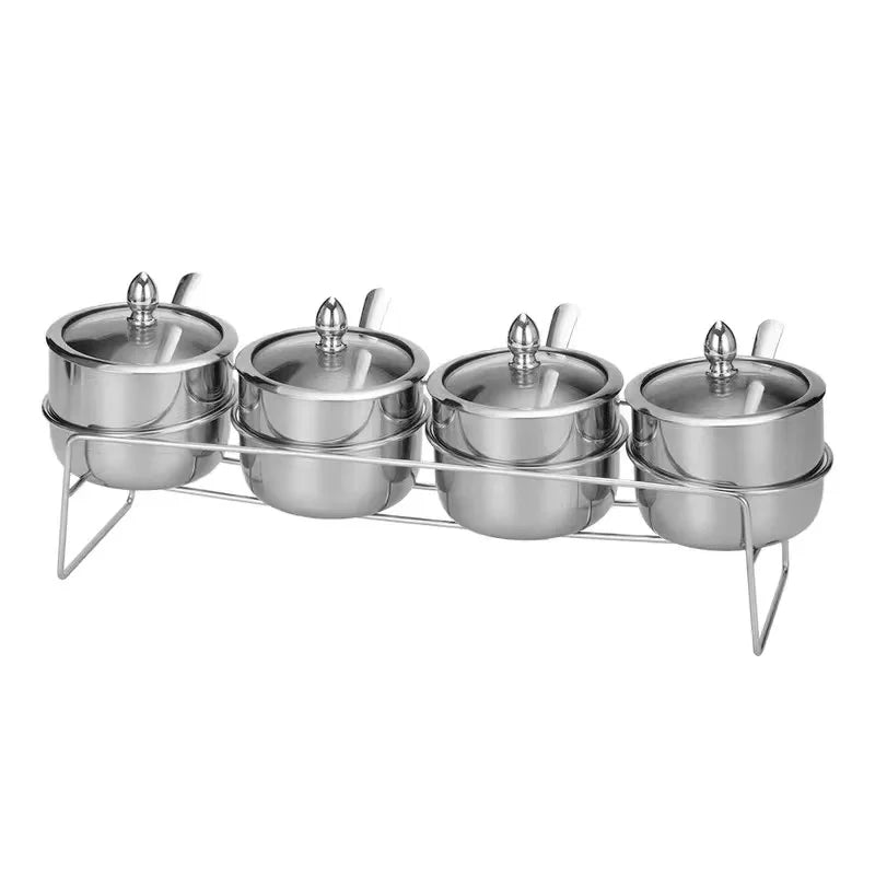 NEW Arrivals 2/3/4 Sets Luxury Golden 304 Seasoning Box Bottle Glass Pot Cap with Spoon Flavoring, Holder Rack Tank Sauce Spice Jar Salt Soy Storage Box Kitchenware Preparing Cooking Tools