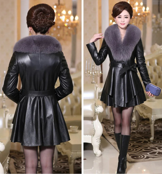 NEW Arrivals Leather Jacket Faux Fox Fur Collar Woman Medium Long Fur Jacket Slim Fit And Cotton Fashion PU Leather Jacket Black Ladies Luxury Fashion Clothing Supplies