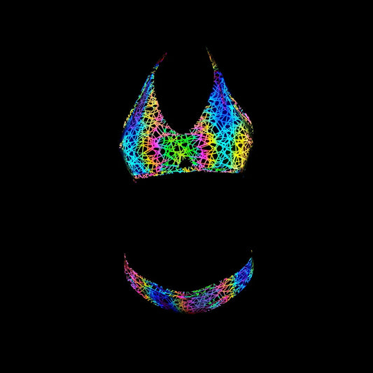 NEW Arrivals Sexy LGBT Rainbow Color Reflective Bikini Set Swimwear Women Ladies Lace Up Evening Beach Rave Party Night Clubwear Reflect Light Shiny Swimsuit Female Girls Summer Fashion Clothing Supplies