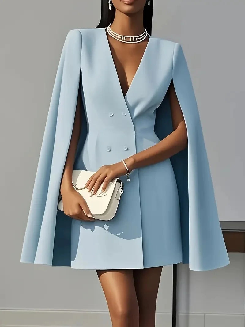 S-2XL UK Size 4 Colors Women Fashion Commuter Solid Luxury Blazers Dress Office Lady Double Breasted Waist Evening Party Dress Elegant V-Neck Shawl Cape Sleeve Formal Midi Dress