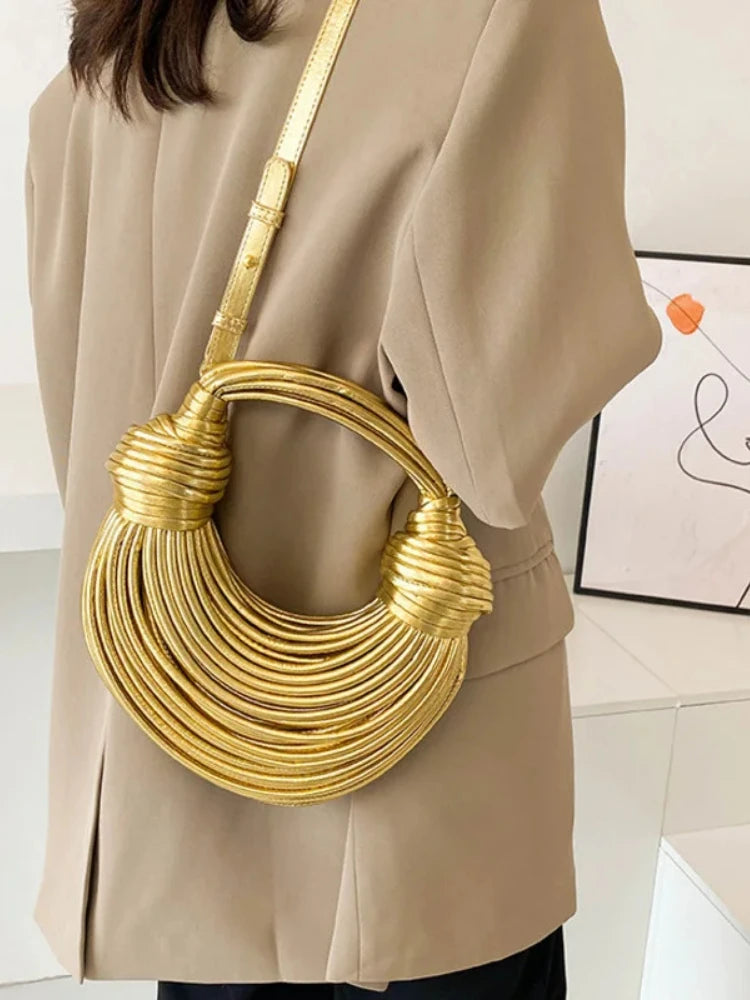 New Bags for Women Gold Luxury Rope Knotted Handbag Handwoven Noodle Underarm Dumpling Handbags Party Silver Evening Clutch