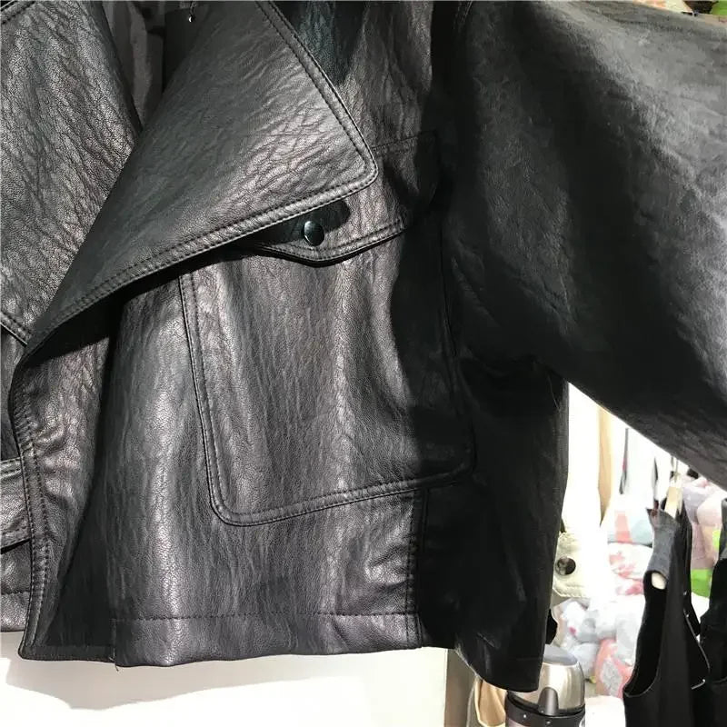 NEW Arrivals Vintage Casual Streetwear Women Leather Jacket Turn Down Collar Long Sleeve Loose Autumn Winter Coat  Style Chic Tops