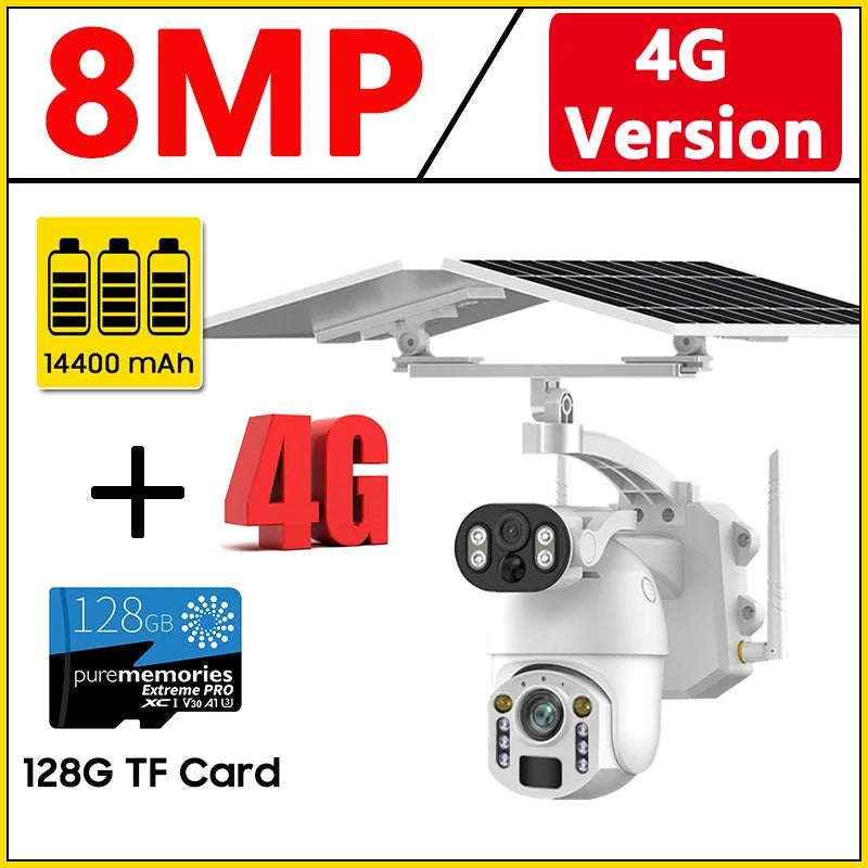 NEW 4K 8MP 50X Optical Zoom Solar Camera 4G Sim/Wi-Fi PTZ Dual Lens Recording Humanoid Tracking Outdoor Waterproof IP Security Camera Home Office Factory Anti-Burglary Systems