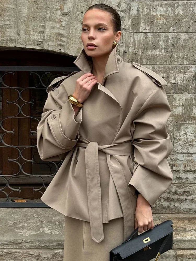 2 Colors UK Size Solid Lace Up Trench Coat Women Fashion Full Sleeve Waist Cinching Short Windbreak New Autumn Office Commute Outwear
