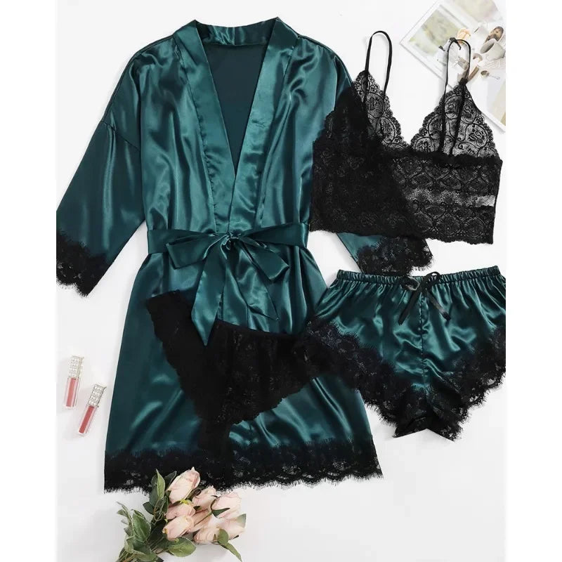 Black Sexy Women's Pajamas Satin 4-piece Lace Silk Suspender Tops Shorts Robe Pajamas Set Nightgown Underwear Nightdress Suit