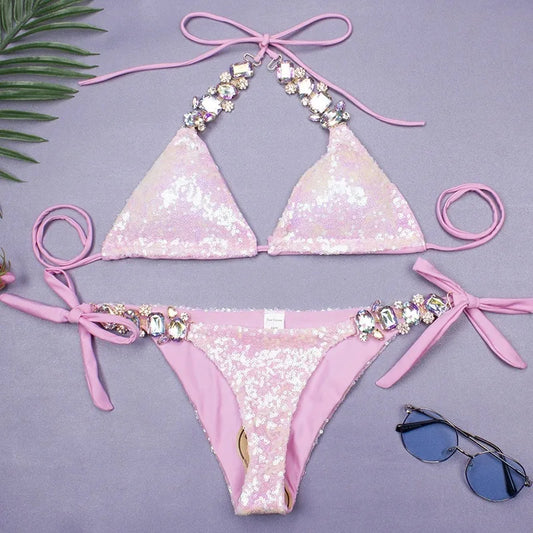 NEW Arrivals Shiny Sexy Bikinis Pink/Blue Color Swimsuit With Rhinestones Women Luxury Swimwear Female Push Up Bikini Beach Swim Wear Bathing Suits Swimming Pool Luxury Bikini