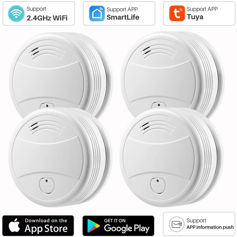 NEW Arrivals 5PCS Set TUYA App Control Wi-Fi Smoke Detector Alarm Smart Fire Protection 90dB Smoke Alarm Sensor Home Office Company Security Supplies System Smart Life APP