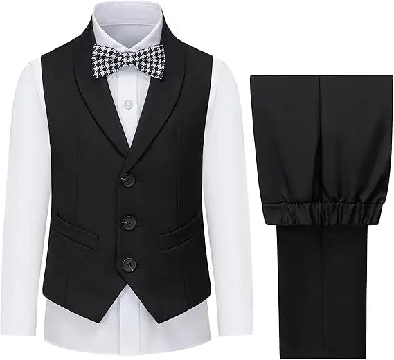 3 PCS Set 10 Colors Boys Kids Vest and Pants Set + Tie + Bowtie Formal Dress Suit Teen Boy Wedding Guest Evening Birthday Party Communion Outfit Kids Piano Host Performance Costume