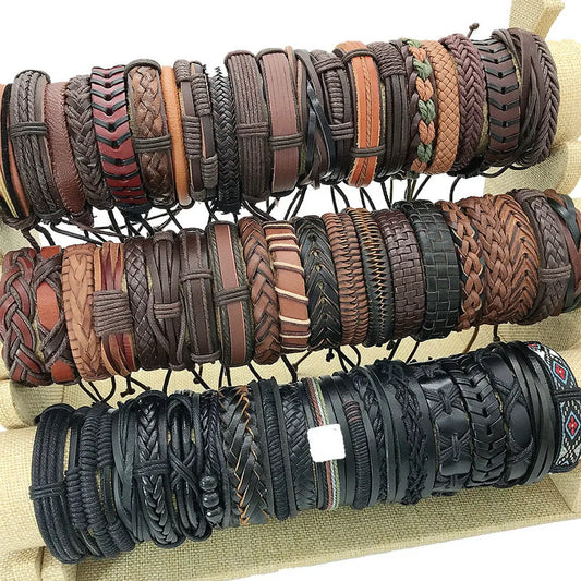 50 Pcs/lot Punk Vintage Cuff Wide Leather Men Bracelets For Women Bangles Handmade Retro Weave Mix Party Jewelry Gift