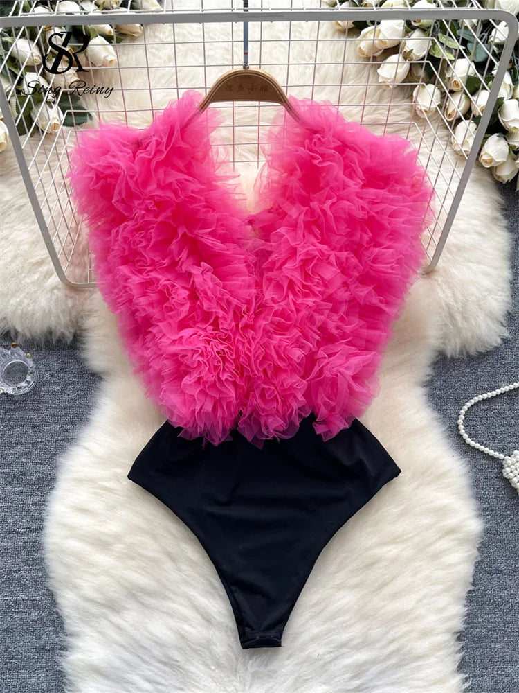 UK Size 5 Colors Sexy 3D Flowers Spliced Sheath Bodysuits Club Lace Up V Neck Playsuits Fashion Streetwear Backless Sensual Rompers