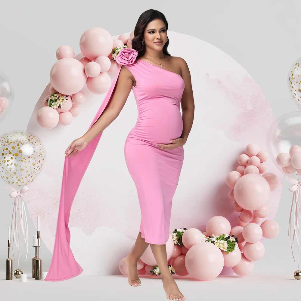 NEW S-XL Maternity Pink One Shoulder 3D Floral Floating Sleeve Bodycon Summer Midi Dress for Baby Shower Photoshoot Evening Party Formal Dress