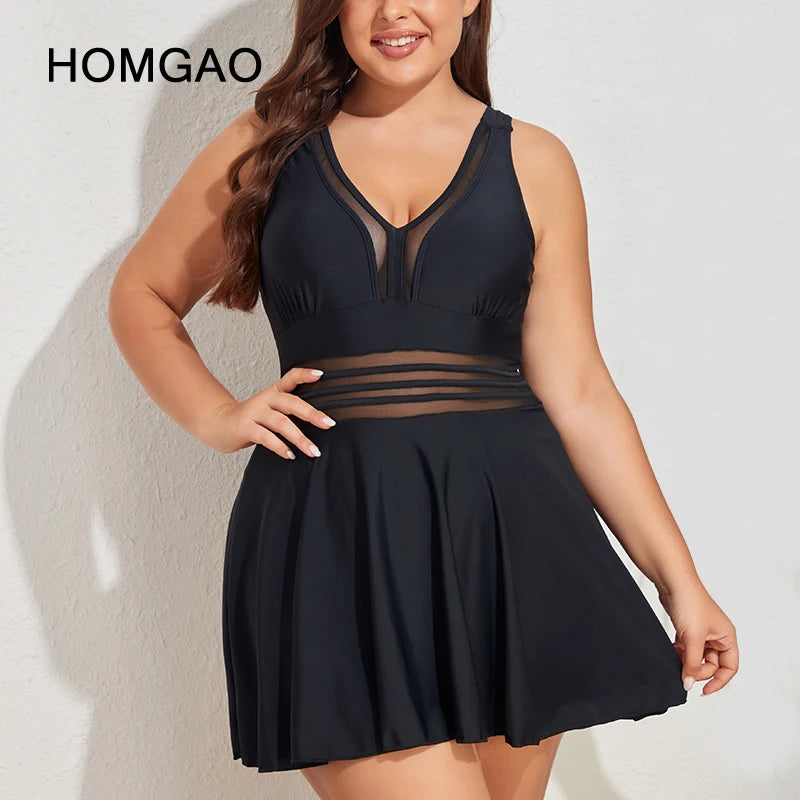 Neck Mesh Sheer Swimwear Women's Plus Size Floral Swimdress Tummy Control One Piece Swimsuit Bathing Suit Monokini