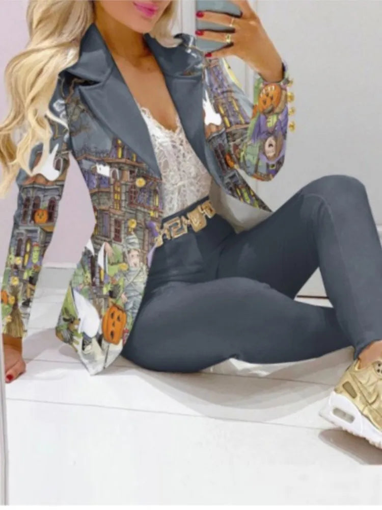 NEW Arrivals 2PCS Set 12 Patterns/Colors Autumn Winter Luxury Italian Suit Long Sleeve Blazer Women's Suit Fashion Color Matching Slim Elegant Female Office Lady Night Business Suit Ladies Luxury Fashion Clothing Supplies