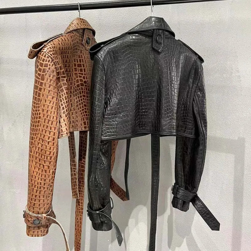 Women Coat Spring And Autumn New Arrival Genuine Leather Jacket With Long Belt Imitation Crocodile Texture Real Sheepskin