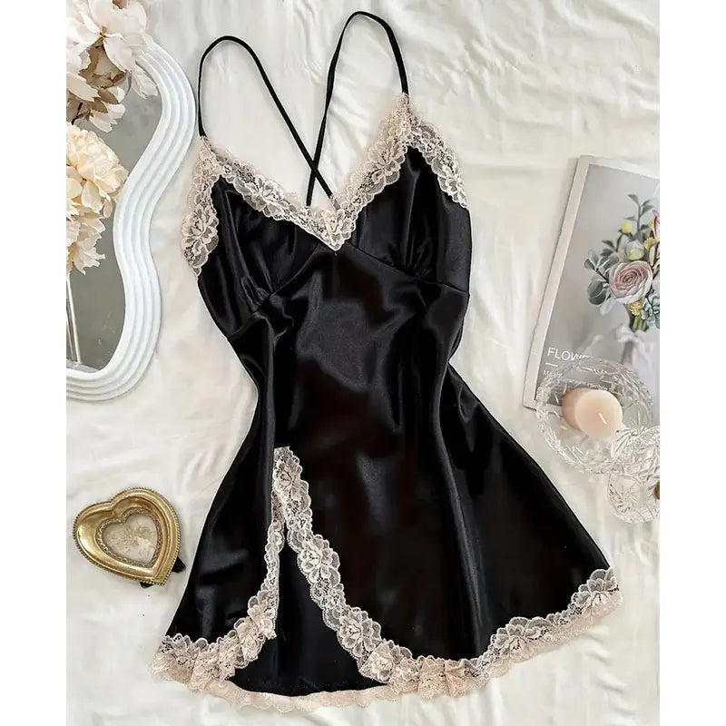 NEW S-XL 4 Colors Satin Erotic Nightdress Clothes Women Nightgowns Sexy Nightwear Lace Patchwork Lingerie Nighty Sleepwear Wedding Satin Dress Sleep Wear