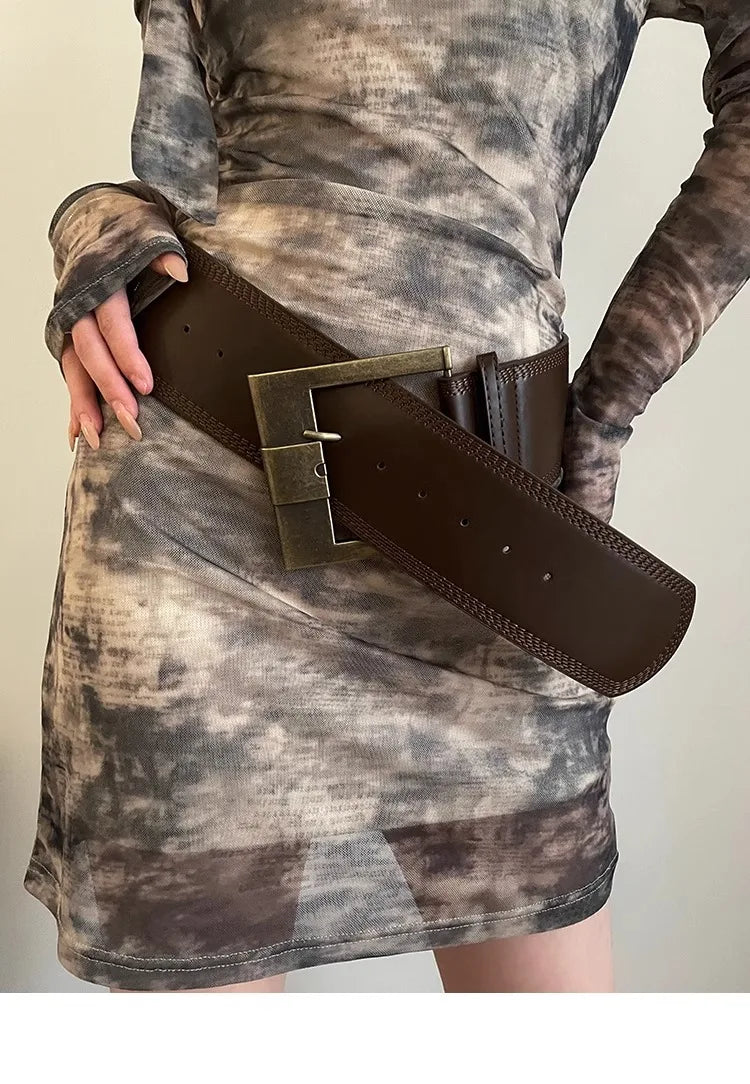 Women Female 115Cm Punk Style Design PU Leather Wide Belt  Wasteland American Sexy Style Girdle with Skirt Jeans Waist High Quality Belt Ladies Girls Luxury Fashion Apparel Accessories Clothing Supplies