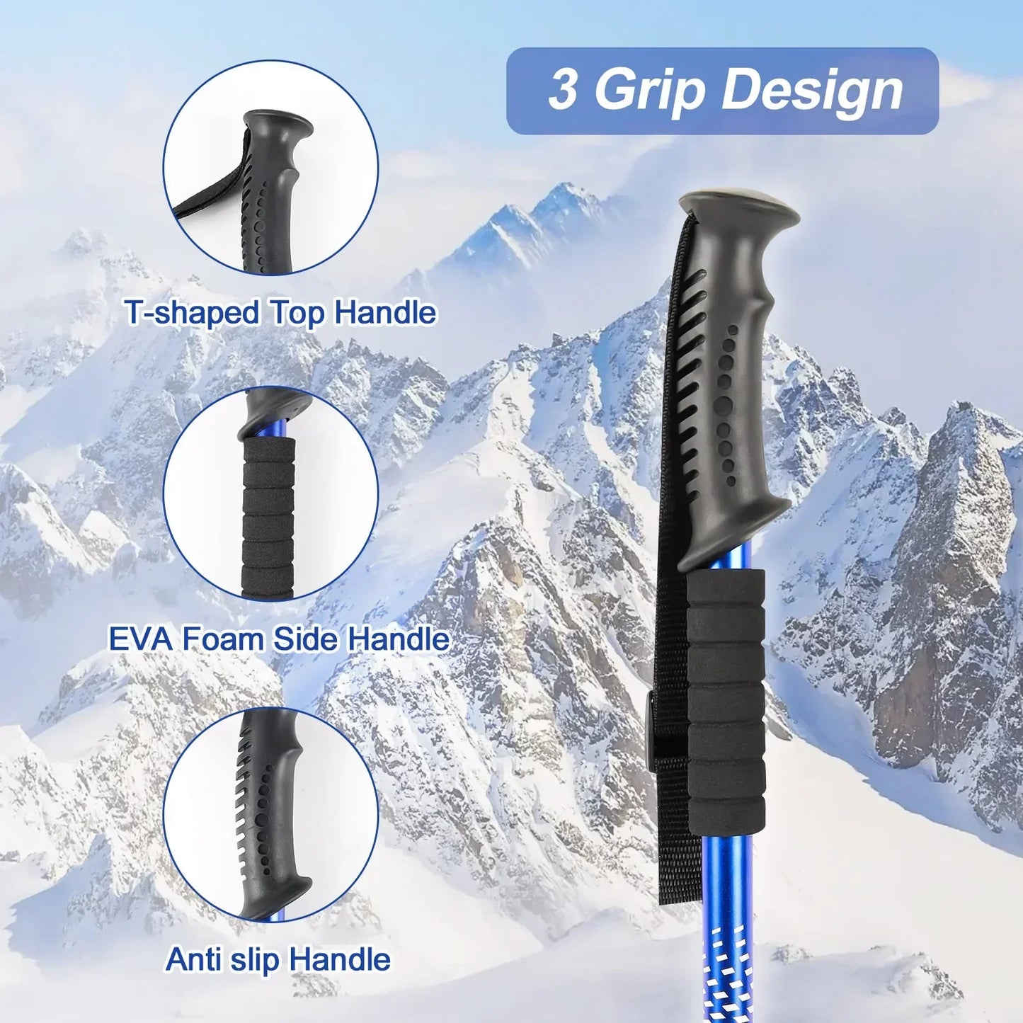 2 PCS Set 70-135cm (Length)Climbing Mountaineering Anti Shock Adjustable Hiking Trekking Poles Lightweight Aluminum Walking Sticks 3-Section Telescopic Non-Slip Iced Snow Hiking Camping Sport Activities Accessories