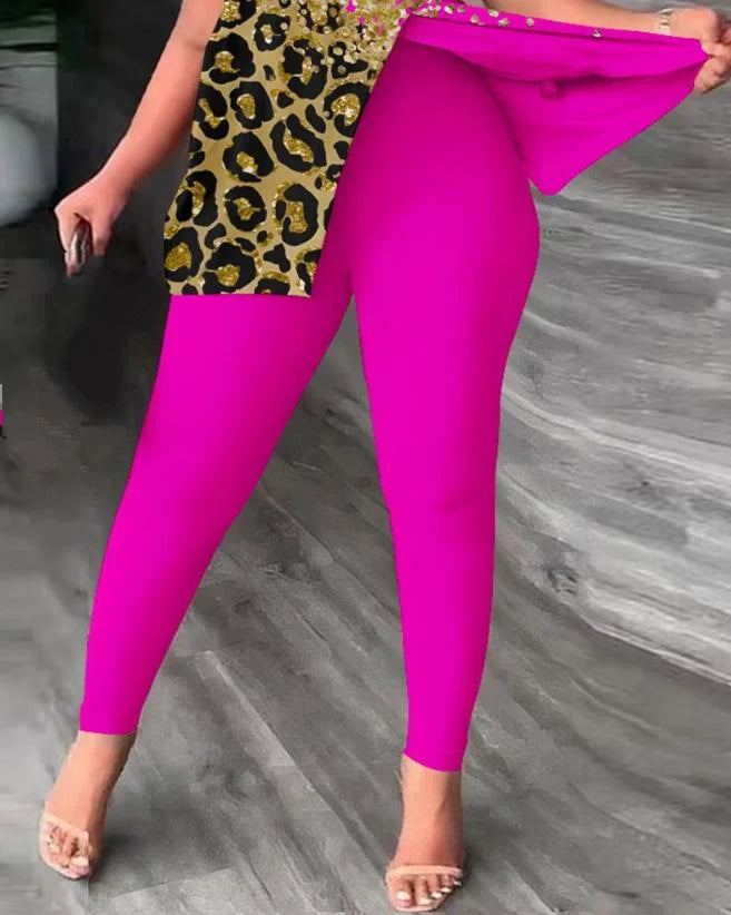 New Fashion Summer Casual 2PCS Set Women Female Evening Beach Party Night Club Outfit Contrast Leopard Skew Neck Slit Sexy Top & Pants Set Ladies Girls Luxury Fashion Clothing Supplies