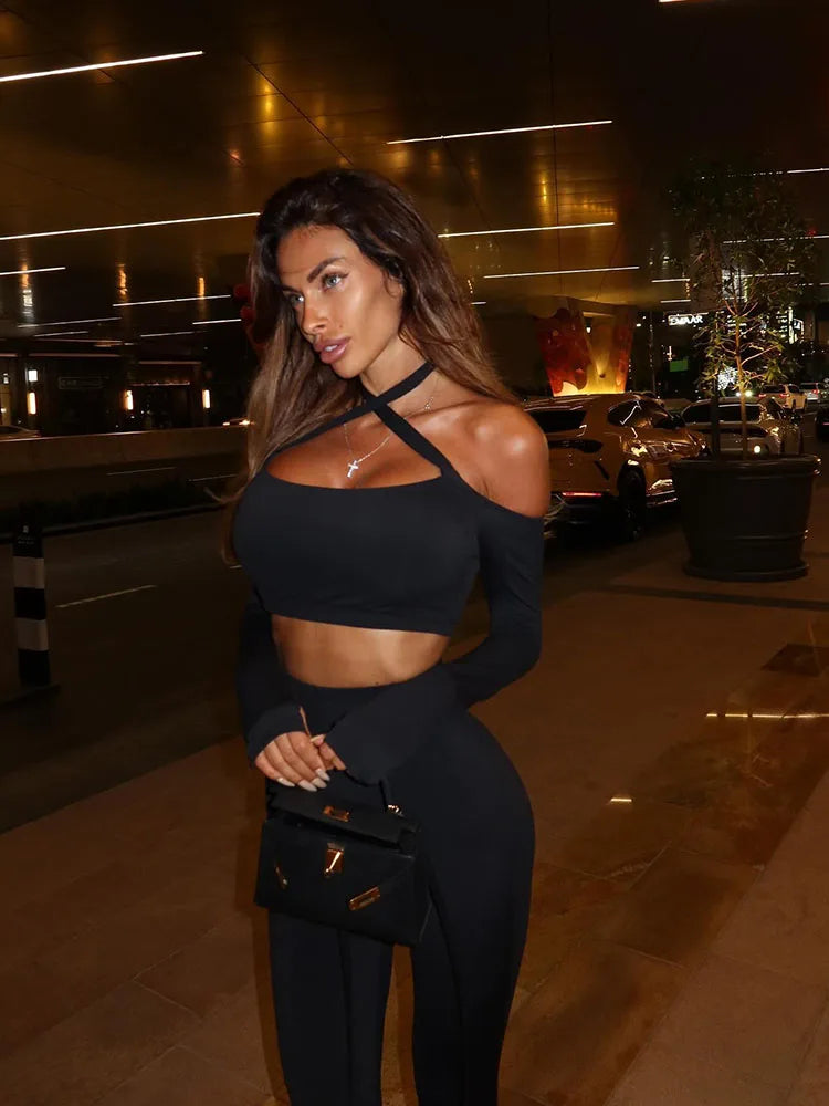 NEW Arrivals 2PCS Set Black/White  Tops + Pants Italian Fashion Sexy Sheath Women's Suits Sets Solid Hollow Out Slim Fit Tracksuits Long Sleeves Slash Neck Ladies Girls Casual Fashion Clothing Supplies