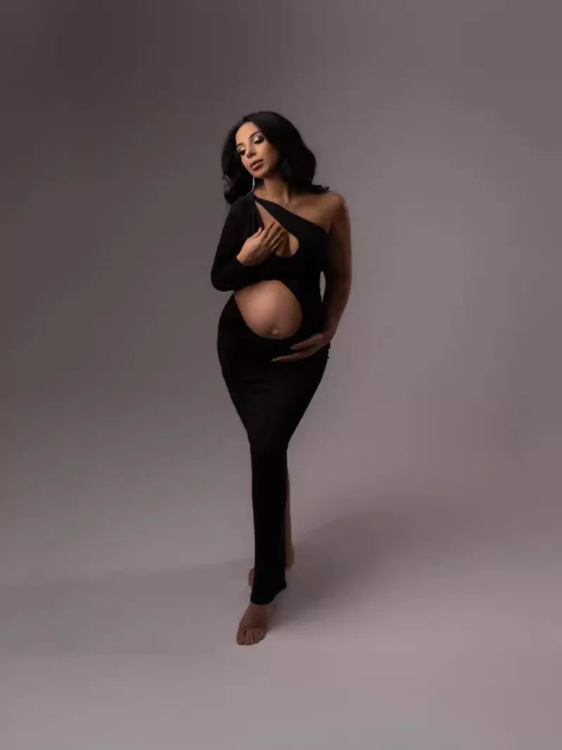 NEW Arrivals S-XL Size Maternity One Shoulder Long Sleeves Belly-Revealing Maxi Dress Baby Shower Gown For Photoshoot