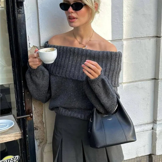NEW Arrivals Retro Women's Elegant Slash Sweater Pullover Women's Chic Loose Knitted Casual Clothes Ladies Girls Casual Apparel Accessories Clothing Supplies