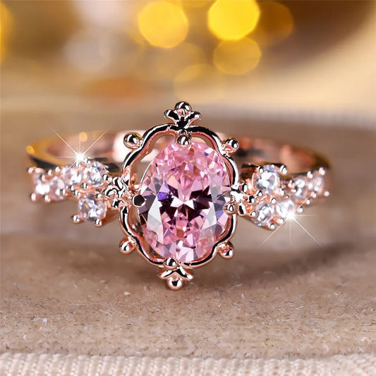 NEW Arrivals (6-10 Size) Luxury Crystal Pink Zircon Oval Stone Flower Rings For Women Vintage Rose Gold Color Wedding Band Bridal Jewelry Engagement Christmas Valentine*s Day Gift for Wife, Girlfriend, Mistress