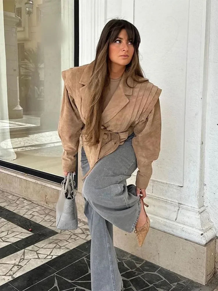 NEW Arrivals UK Size 3 Colors Women High Street Leather Jacket Versatile Brown Long Sleeves V-Neck Lace-Up Jacket Coats Winter Causal Chic Female Outwear