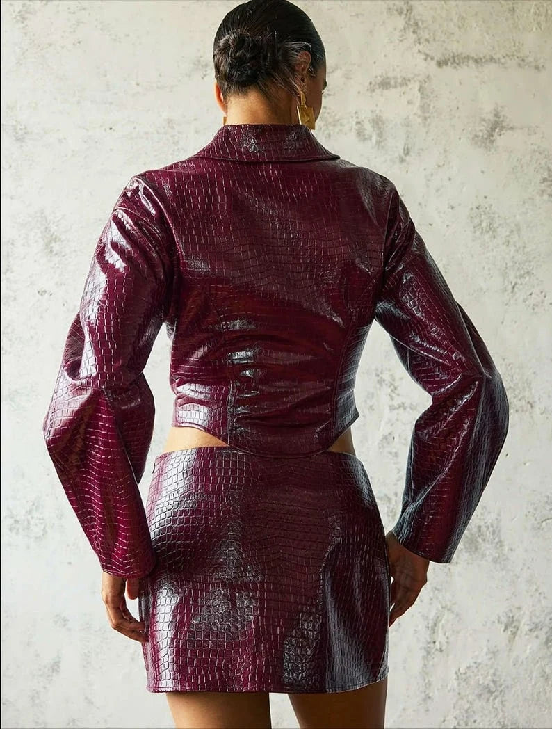 2 PCS Set Real Natural Leather Luxury Women's Motorcycle Jacket & Skirt Set Breathable Cow Skin Leather Autumn Winter Outfit Sexy Fashion Women Luxury Clothing Supplies