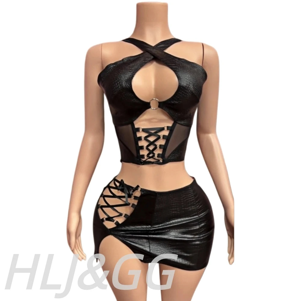 NEW 2 PCS Set Black Sexy Leather Hollow Bandage Women Sleeveless Backless Slim Crop Top And Mini Skirts Night Clubwear Prom Evening Party Outfits