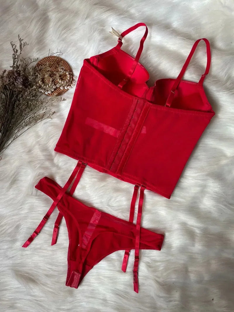 Sexy Luxury Leather Glossy Gathering Women Bra Panties Set Small Bone Shaped Body Shaper Waist Underwear Supplies Set Red Bralette Ladies Female Luxury Lingerie Set Fashion Clothing Products