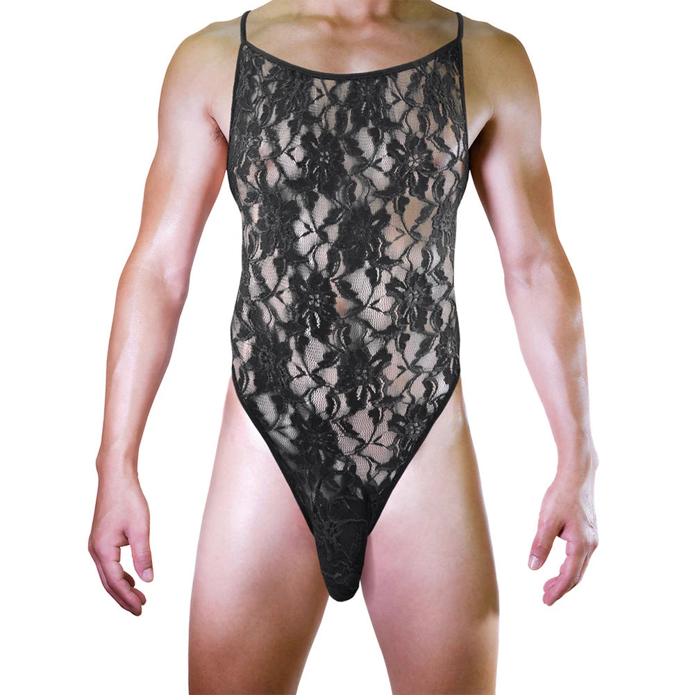 Gay Mens Bodysuit Sheer Sissy Crossdress Lingerie Costume Adjustable Spaghetti Strap Lace Blackless See Through Pouch Nightwear