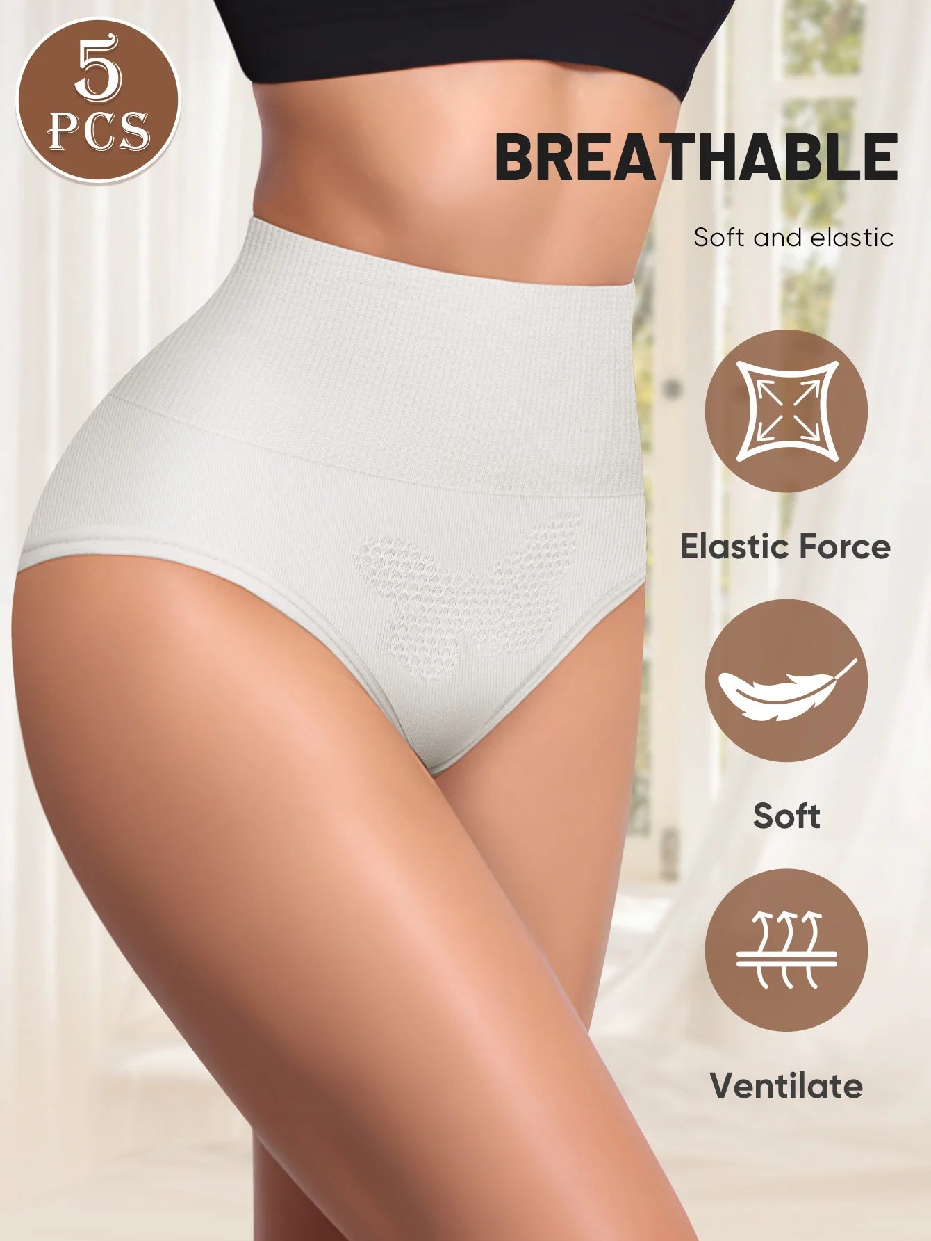 5PCS Set S-2XL Large Size Breathable Non-Stuffy High-Waisted Women's Underwear Ventilation Holes Seamless Shapewear Cooling Slimming Panties Ladies Underwear Sets