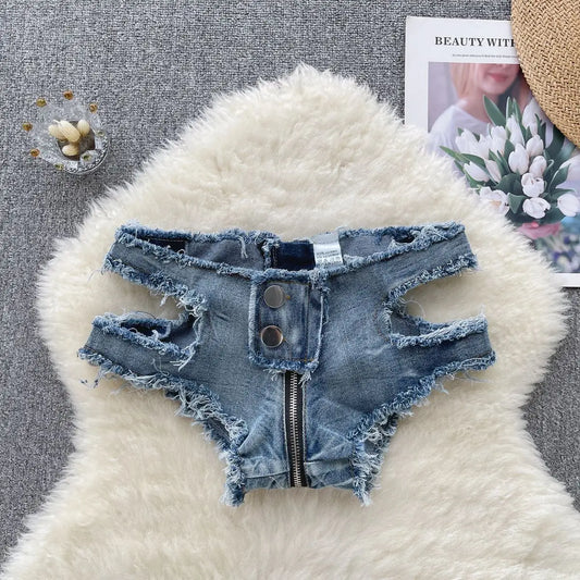 Summer New Sexy Women's Fringe Splicing Low Waist Hollow Out Denim Shorts Female Zippers Jeans Ultra Shorts