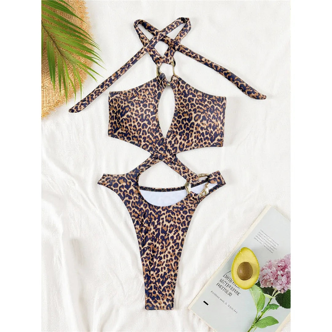 Just Arrived 6 Colors Sexy Bather Bathing Suit Swim Tummy Cut Out Control Leopard Snakeskin Women Swimwear Halter High Cut Leg One Piece Monokini Swimsuit Female K7972