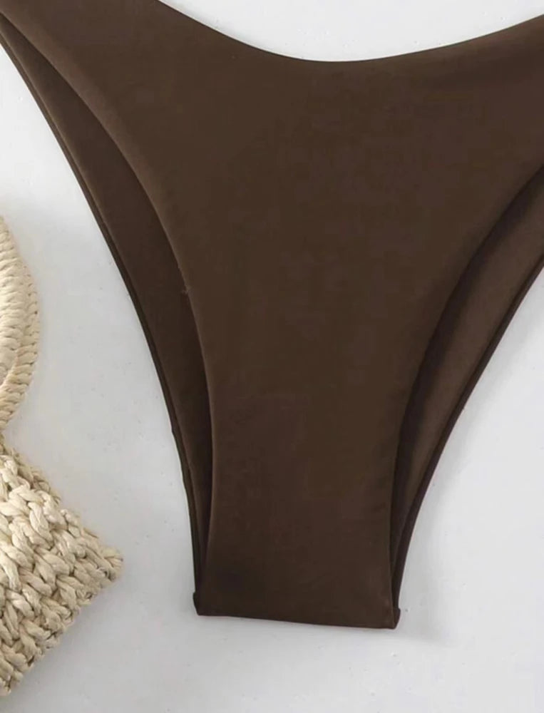 2 PCS Set UK 8-16 Size (S-XL)  8 Colors Women Thong Bikini Sexy Solid White/Black/Coffee Halter Swimsuit Lace Up Brazilian Bathing Suit New Double Fabric Beachwear