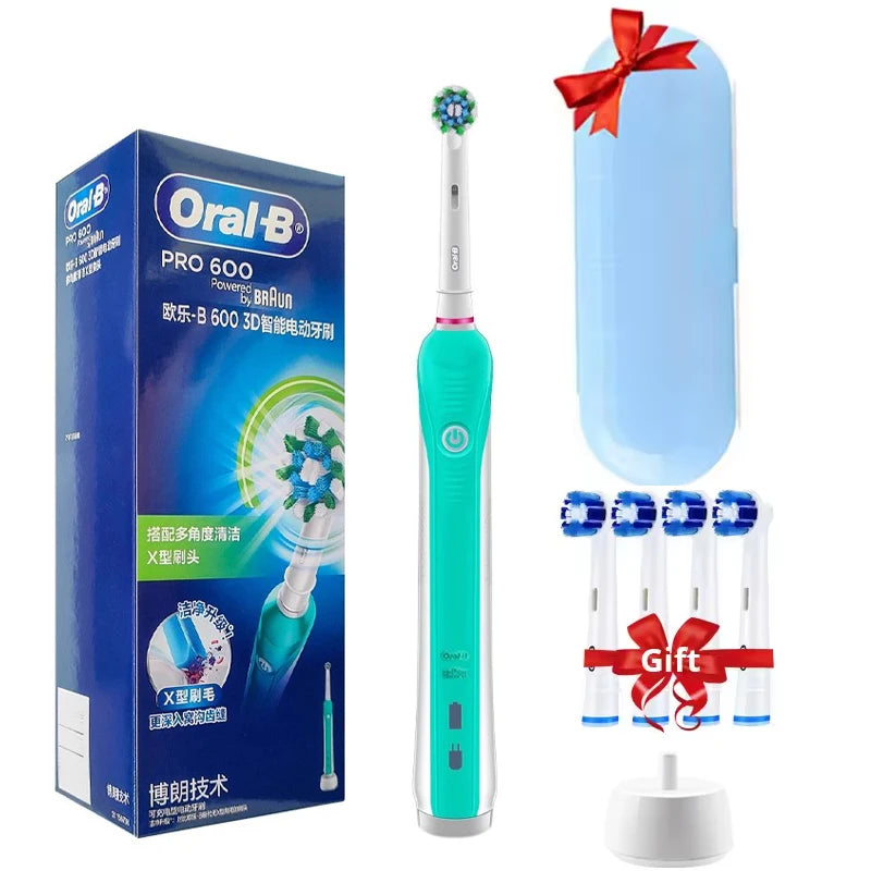 Original Oral B PRO 600 Electric Toothbrush 2-Minute Intelligent Timing + 8 Heads + Box Full Set Daily Clean Teeth Visible Pressure Sensor Waterproof Rechargeable Women Men Oral Hygiene Accessories Personal Care Supplies