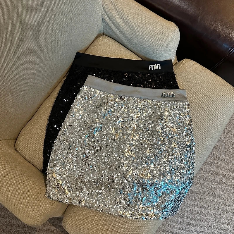 NEW Arrivals Sexy Spice Girl Black Sequin Skirt Women Summer New Spice Girl High Waist Stitching Slim-Fit Elegant Commuting Hip Culotte Ladies Girls Luxury Fashion Clothing Supplies