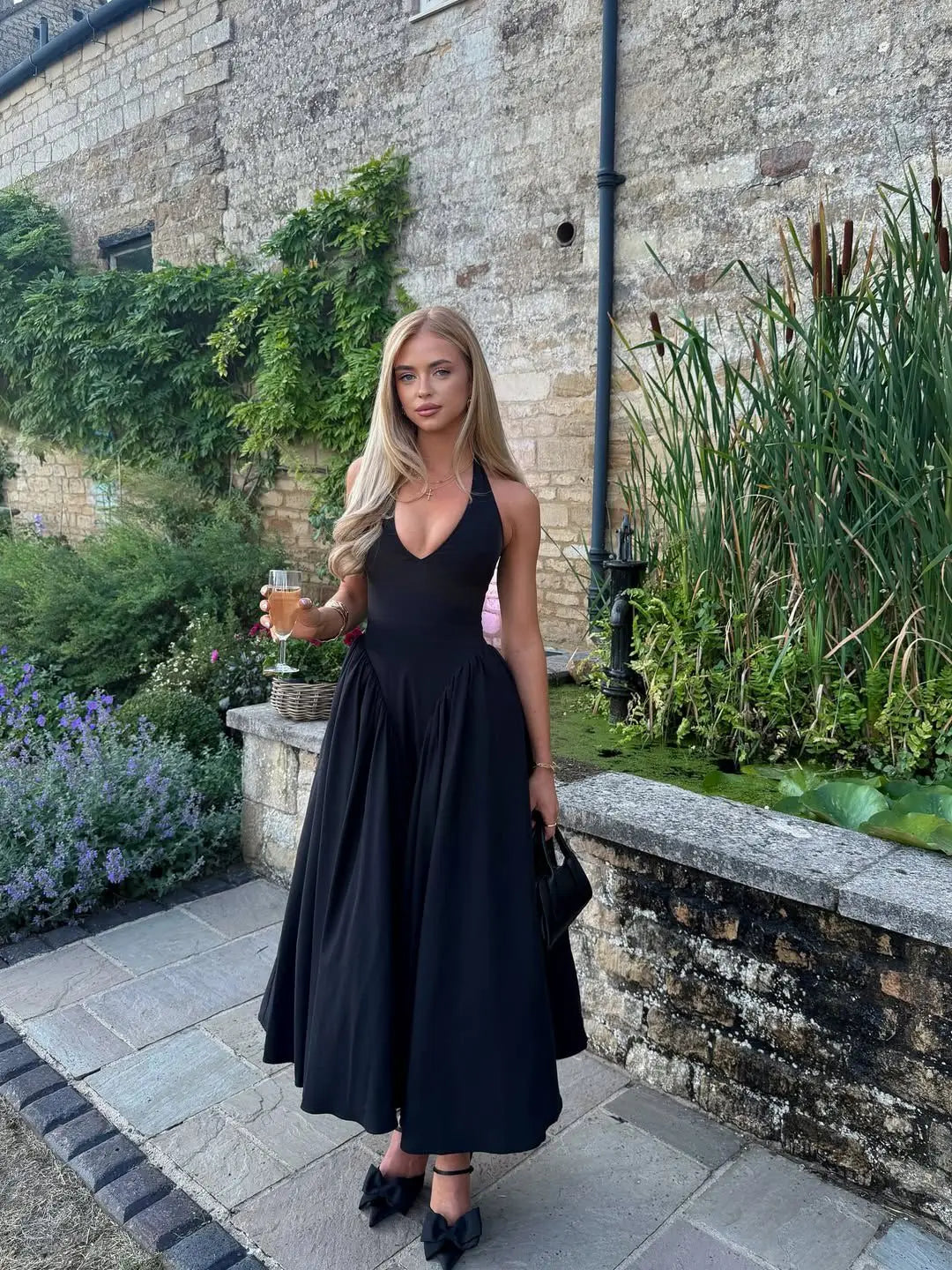 7 Colors  Sexy Backless Elegant Halter Dress For Women Low Waist A-line Midi Summer Evening Party Dresses Cotton Gowns