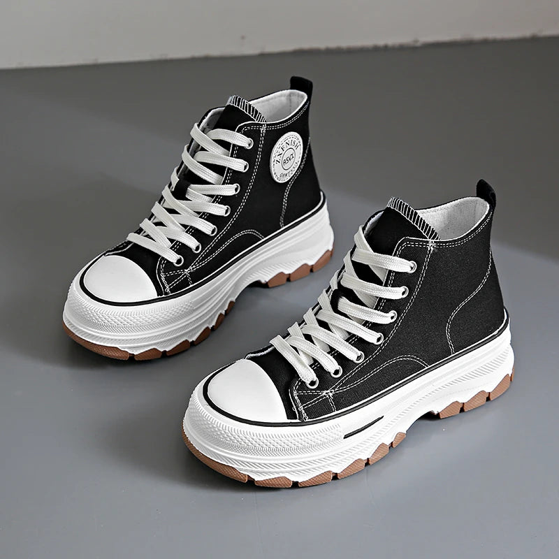 Women High Top Sneakers Lace-Up Casual Platform Height Canvas Non-slip Wear Resistant  Spring Female Vulcanize Shoes