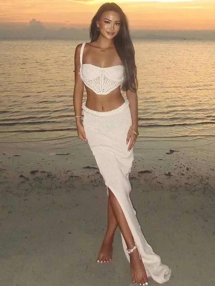 BRAND NEW 2PCS Set  Red/White S(8)-XL(16-18) UK Size Sexy HOT Crochet Knit Skirts Set Women Sexy Hollow Out Lace Up Crop Tops Hip Package Split Long Skirt Ladies Beach Outfits