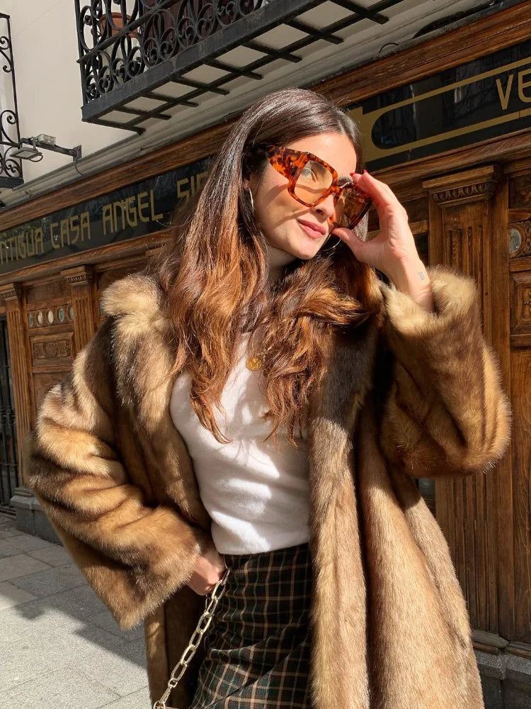 NEW HOT SALE Italian Style Luxury Women Ladies Dark Brown Faux Fur Long Overcoat Snow Clothes Supplies  Lapel Single Breasted Loose Fluffy Plush Warm Coat Winter Thicken Outerwear Female Luxury Fashion Clothing Products