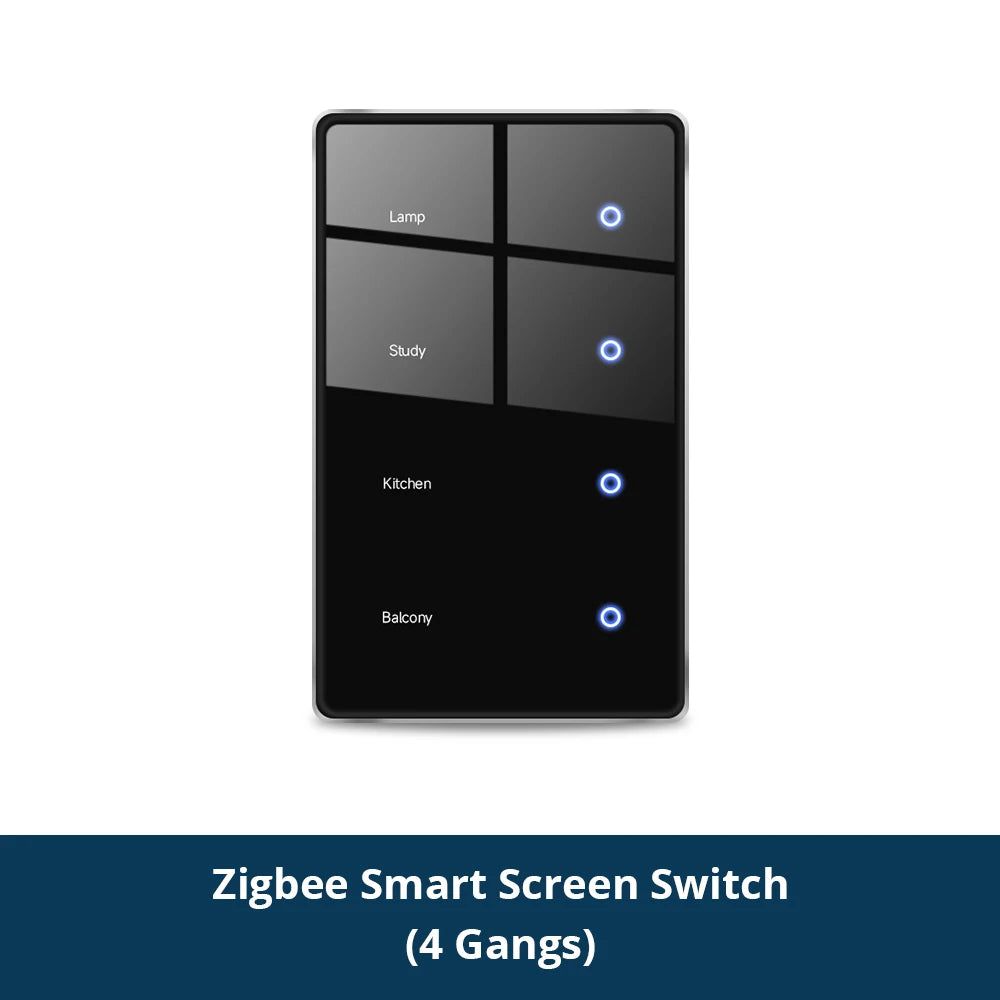 4 Gangs Zigbee Smart DIY Name Lights Switch Sensing Function Voice Control Black Panel Touch Screen Light Switches US Type Neutral Required Works with TUYA App Control  Smart Life App