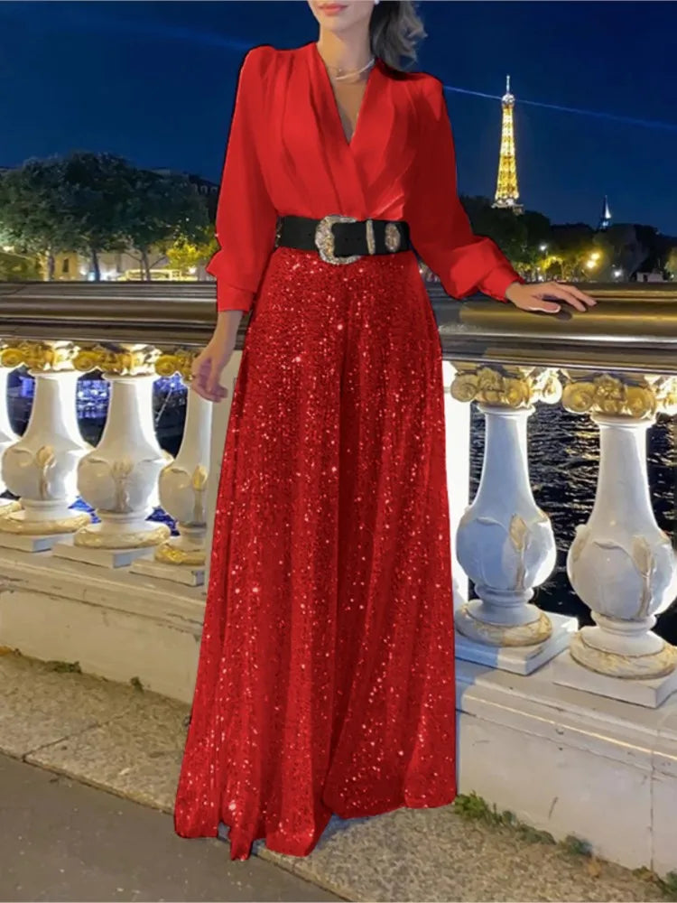 S-3XL 8 Colors Plus Size NEW Arrivals Women's Girls Fall New Fashion V-Neck Long Sleeved Shirt Elegant Sexy V-Neck Slimming Waist Sequin Wide Leg Jumpsuit Set Evening Night Wedding Birthday Party Suit Female Ladies Luxury Fas