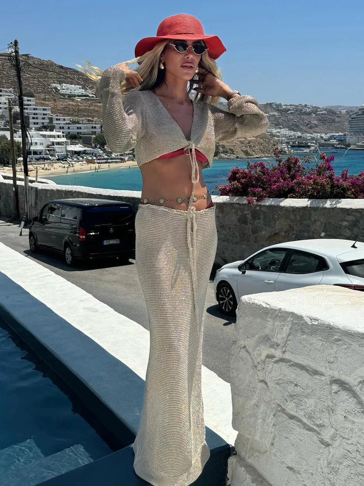 NEW 2PCS Set Solid Color Sexy Beachwear Swimsuit Cover Up Knit Summer Women's Big Bell Sleeve Lace-Up Top Long Skirt Set K128