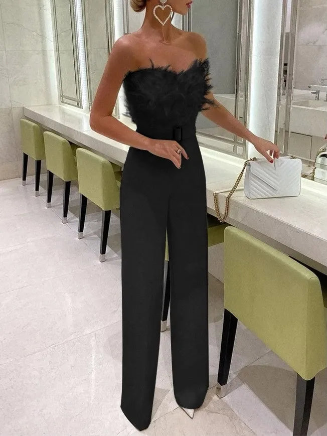 NEW Arrivals Luxury Women Female Elegant Long Jumpsuit Strapless Slash Neck Feather Tube Top Sexy Summer Evening Business Dinner Autumn Night Clubwear Party Girls Ladies Luxury Fashion Clothing Supplies