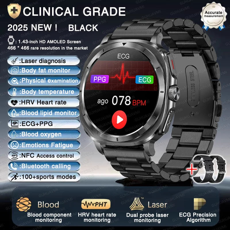 New Laser Therapy ECG Blood Pressure Smart Watch Uric Acid Blood Lipid Organ monitor Clock NFC BT Call Health Watches Men Health Care Supplies