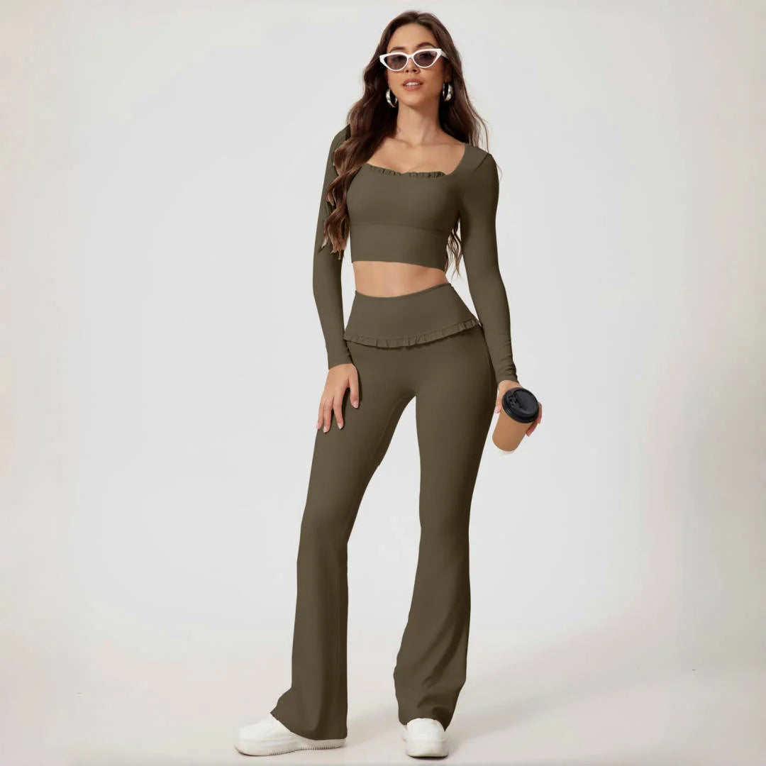 2PCS Set S-XL 6 Colors Naked Square Neck Yoga Set Sports Fitness High Waist Nude Quick-drying Long-sleeved Outdoor Running Workout Clothes Gym Suit