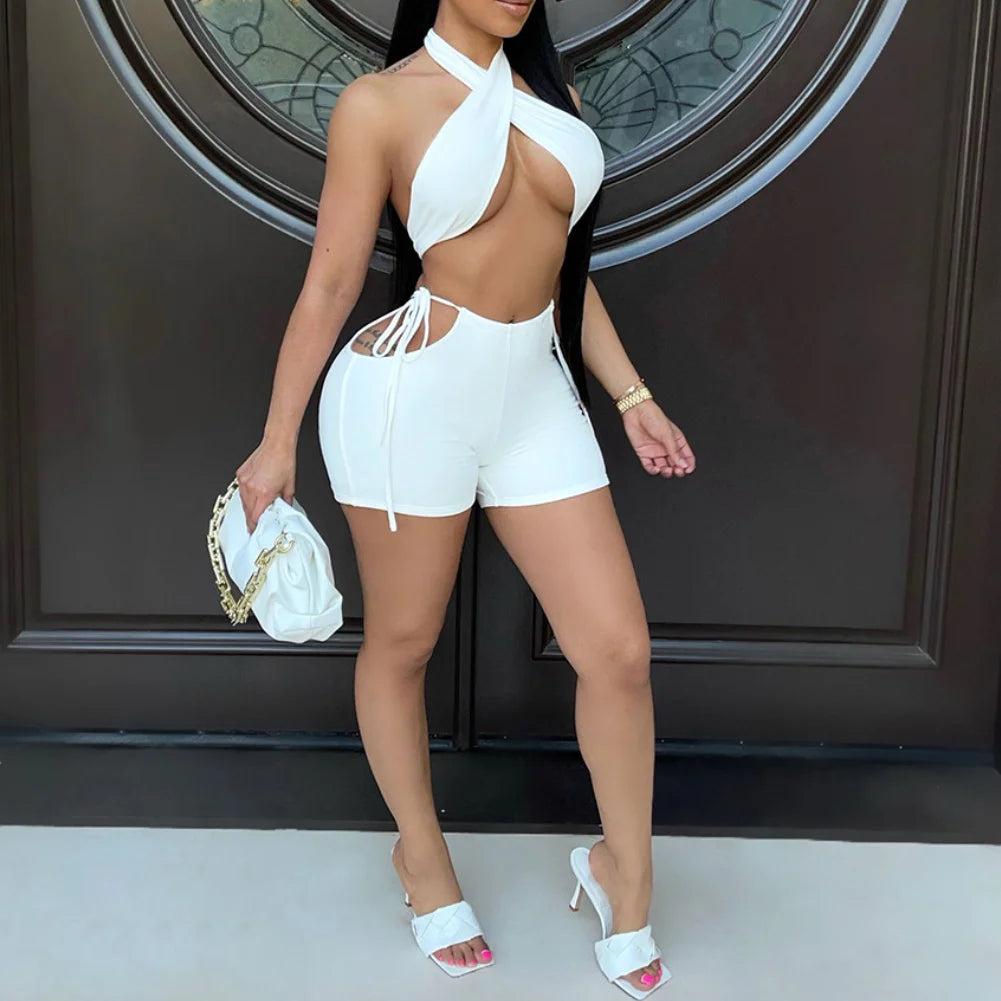 NEW Arrivals 2PCS Set 9 Colors Women Sexy Ruched Bandage Criss Cross Solid Hot Women Spring Summer Backless Evening Beach Party Night Club Crop Top and Shorts Matching Set