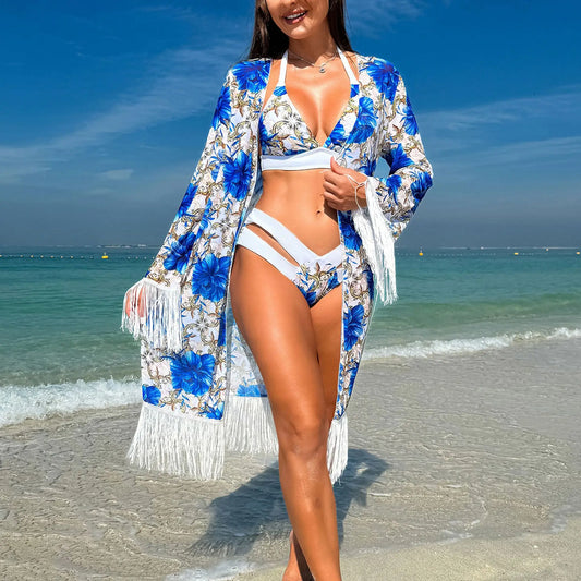 NEW Arrivals 3PCS Set S-2XL 4 Colors Bikini Set Cover Up Swimwear High Waisted Bikini Set Women's Swimwear Print For Female Bath Suit Tropical Exotic Ladies Summer Beach Wear Suit
